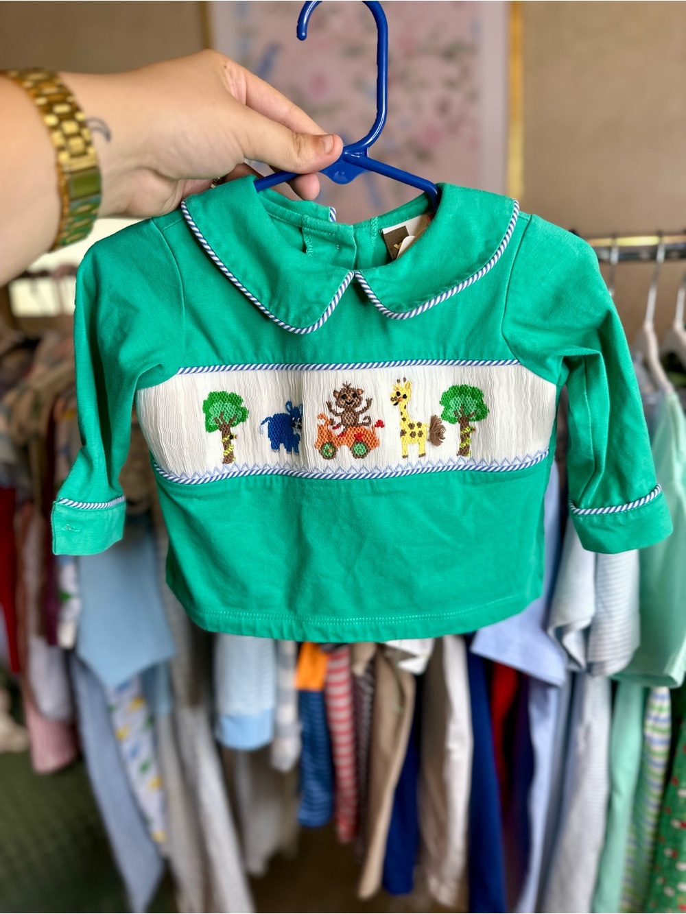 Green Long Sleeve Smocked Animal Tee - Kids